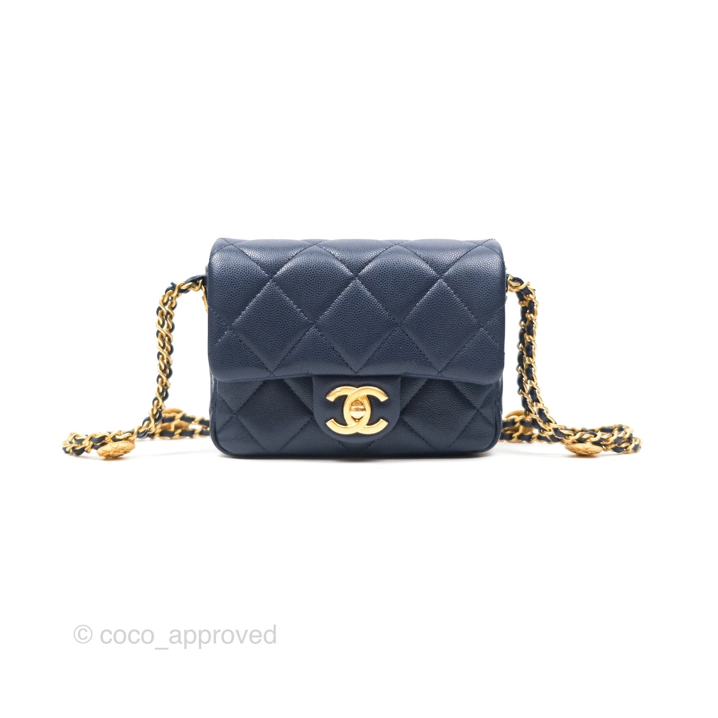 Chanel Mini Flap with Coin Charm Navy Caviar Aged Gold Hardware 22A