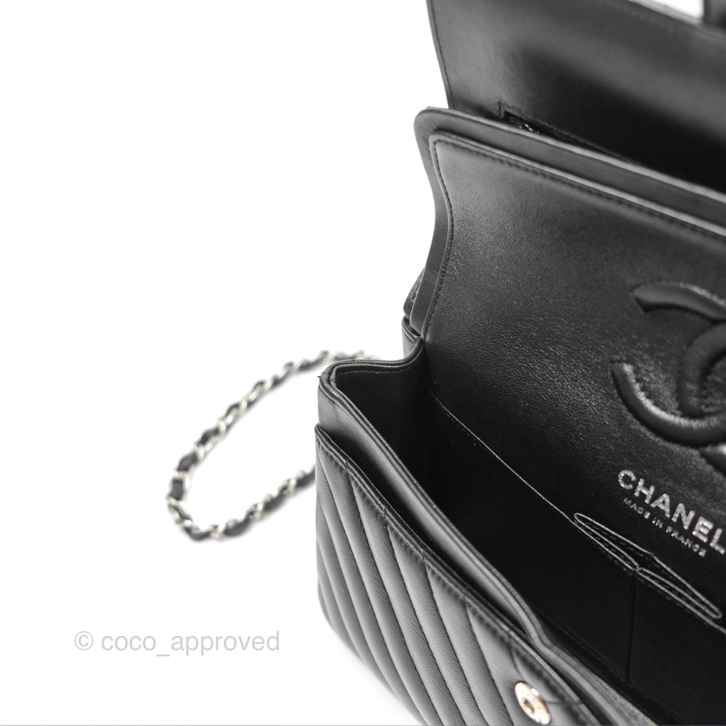 Chanel Small Classic Chevron Flap Black Lambskin Silver Hardware