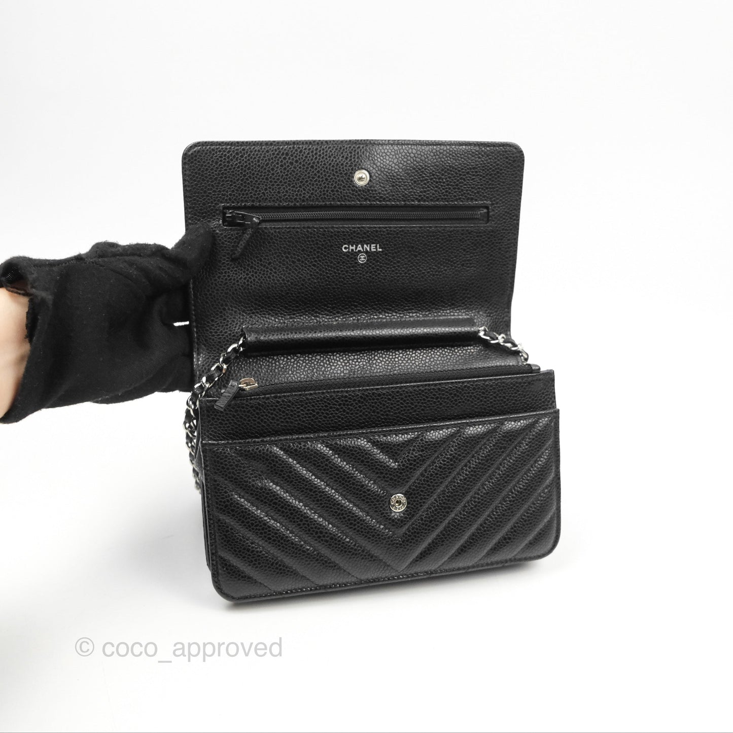 Chanel Classic Chevron Wallet on Chain WOC Black Caviar Silver Hardware