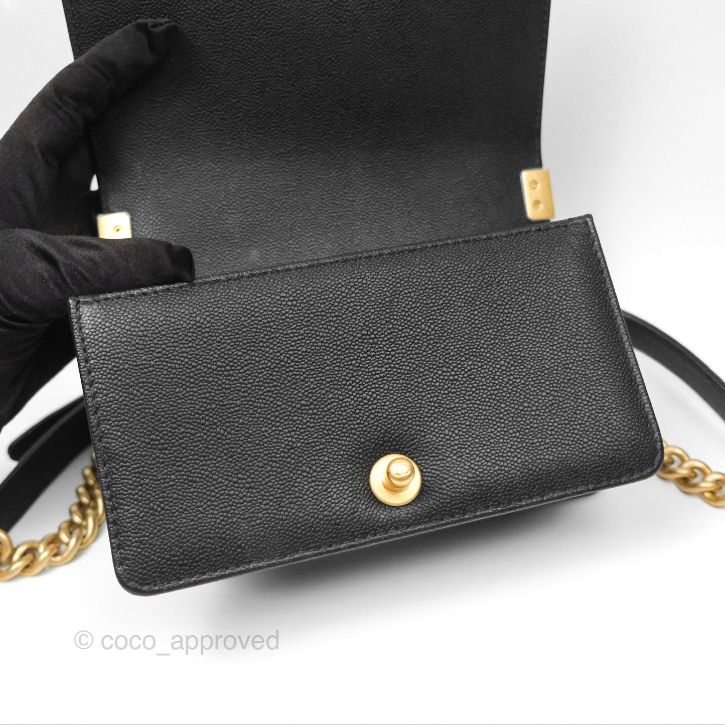 Chanel Small Chain Around Boy Quilted Black Caviar Aged Gold Hardware