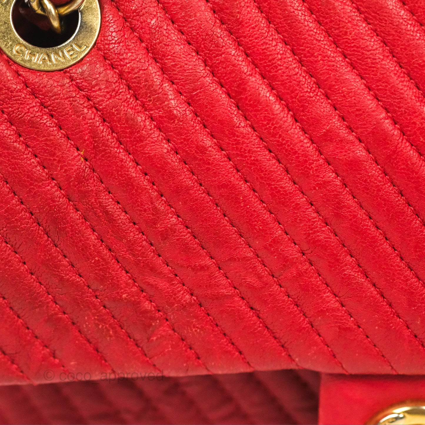 Chanel Small Chevron Surpique Flap Red Calfskin Aged Gold Hardware