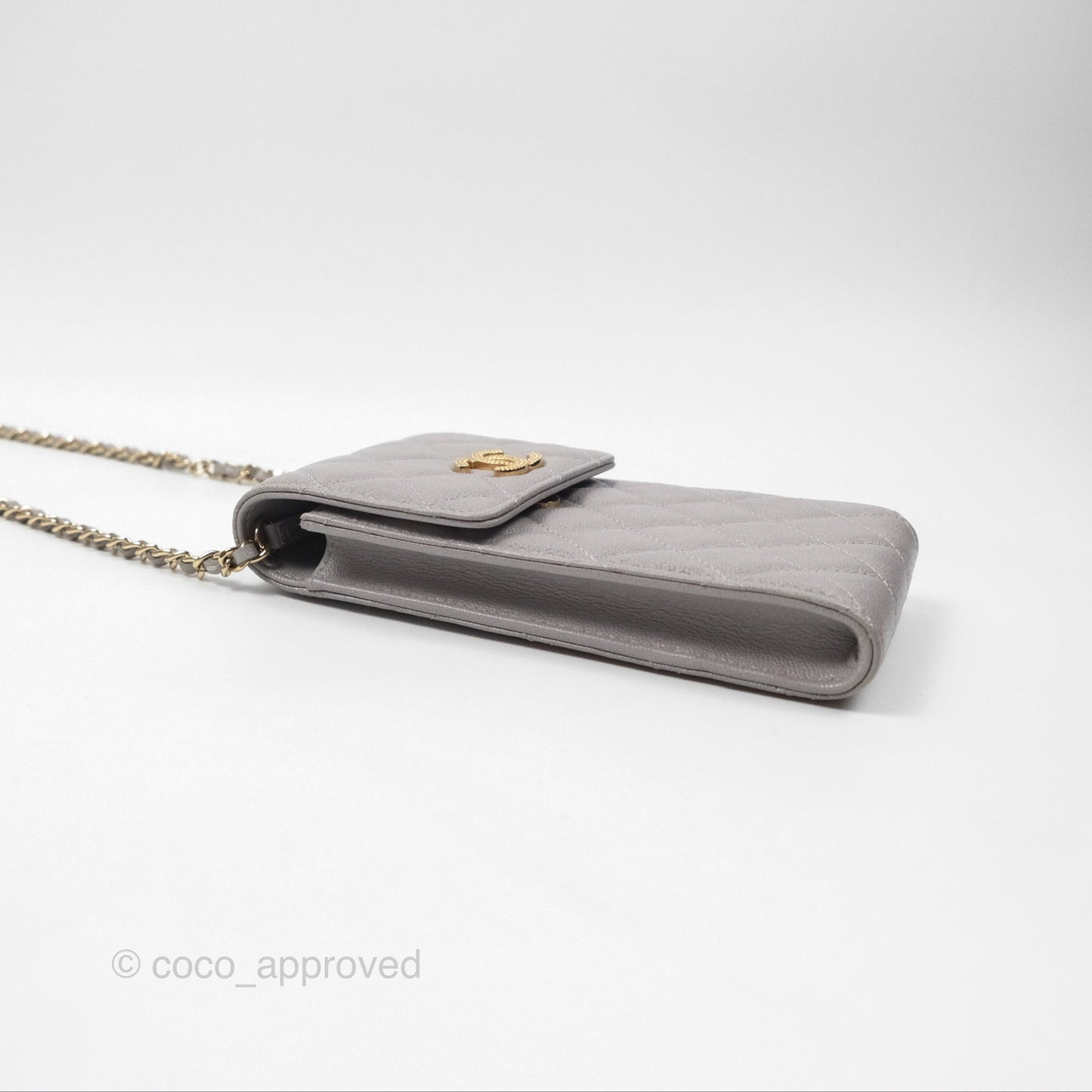 Chanel Quilted Phone Holder Grey Caviar Gold Hardware