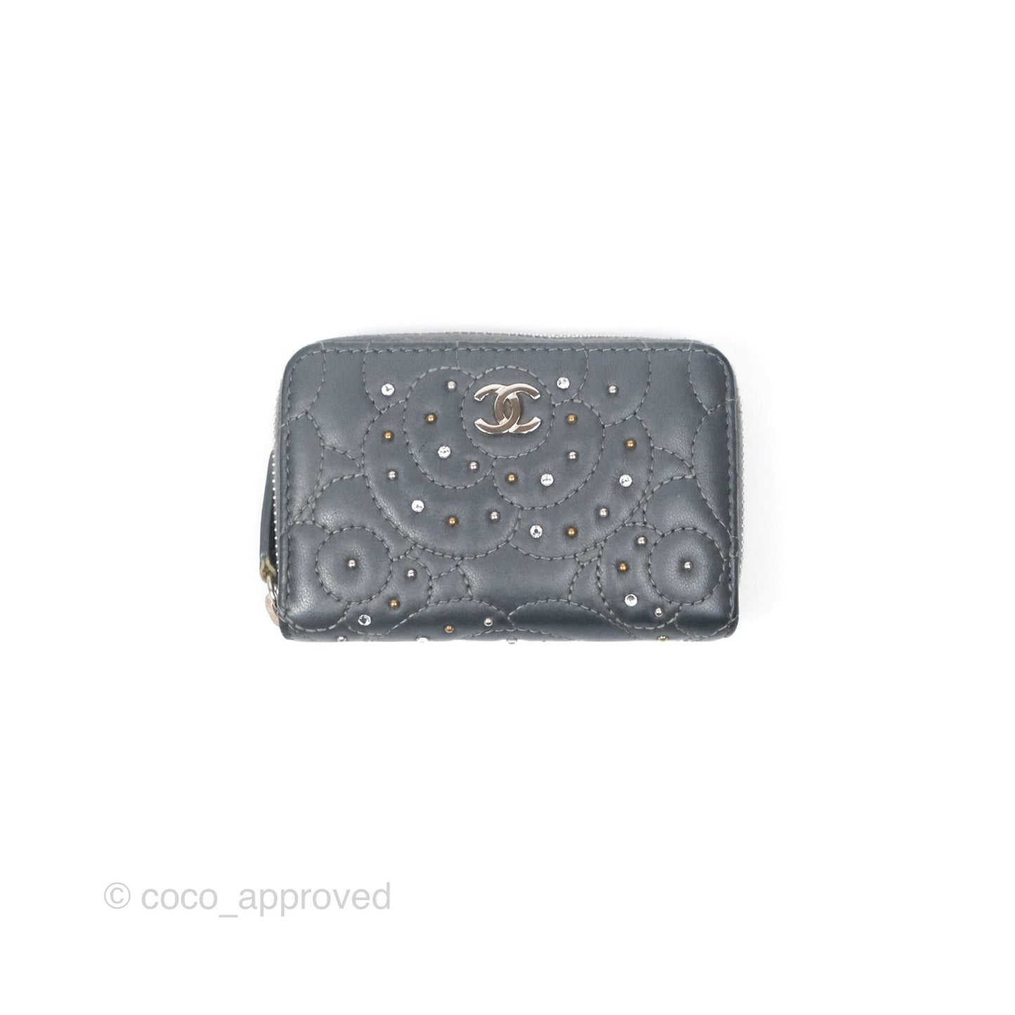 Chanel Camellia Crystal Studded Zipped Coin Purse Grey Silver Hardware