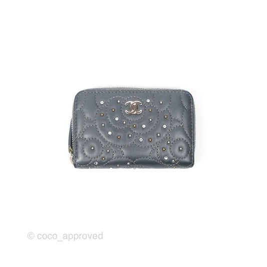 Chanel Camellia Crystal Studded Zipped Coin Purse Grey Silver Hardware