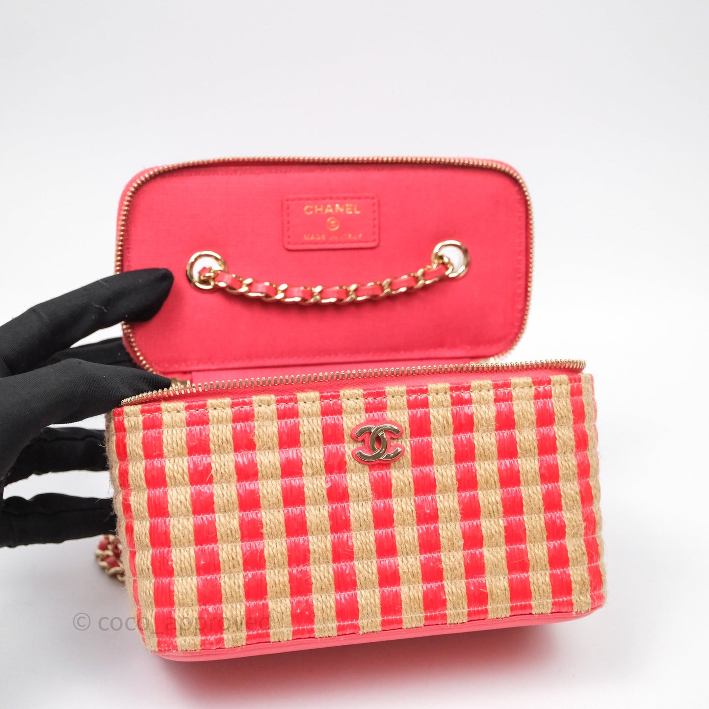 Chanel Vanity With Chain Striped Raffia Orange Gold Hardware