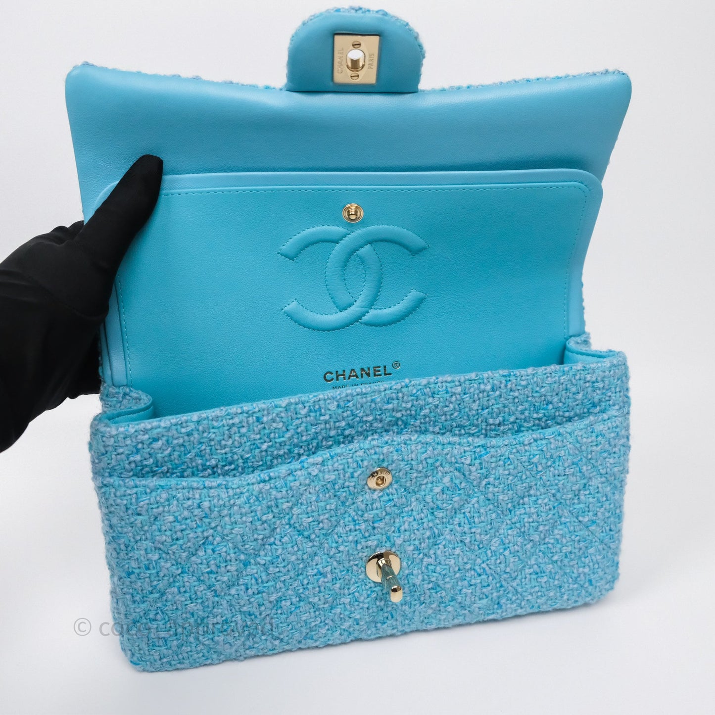 Chanel Classic M/L Medium Quilted Double Flap Bag Blue Tweed Gold Hardware