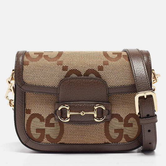 Luxury Gucci Trending 2025 Brown/beige Jumbo Gg Canvas Mini Horsebit 1955 Shoulder Bag..