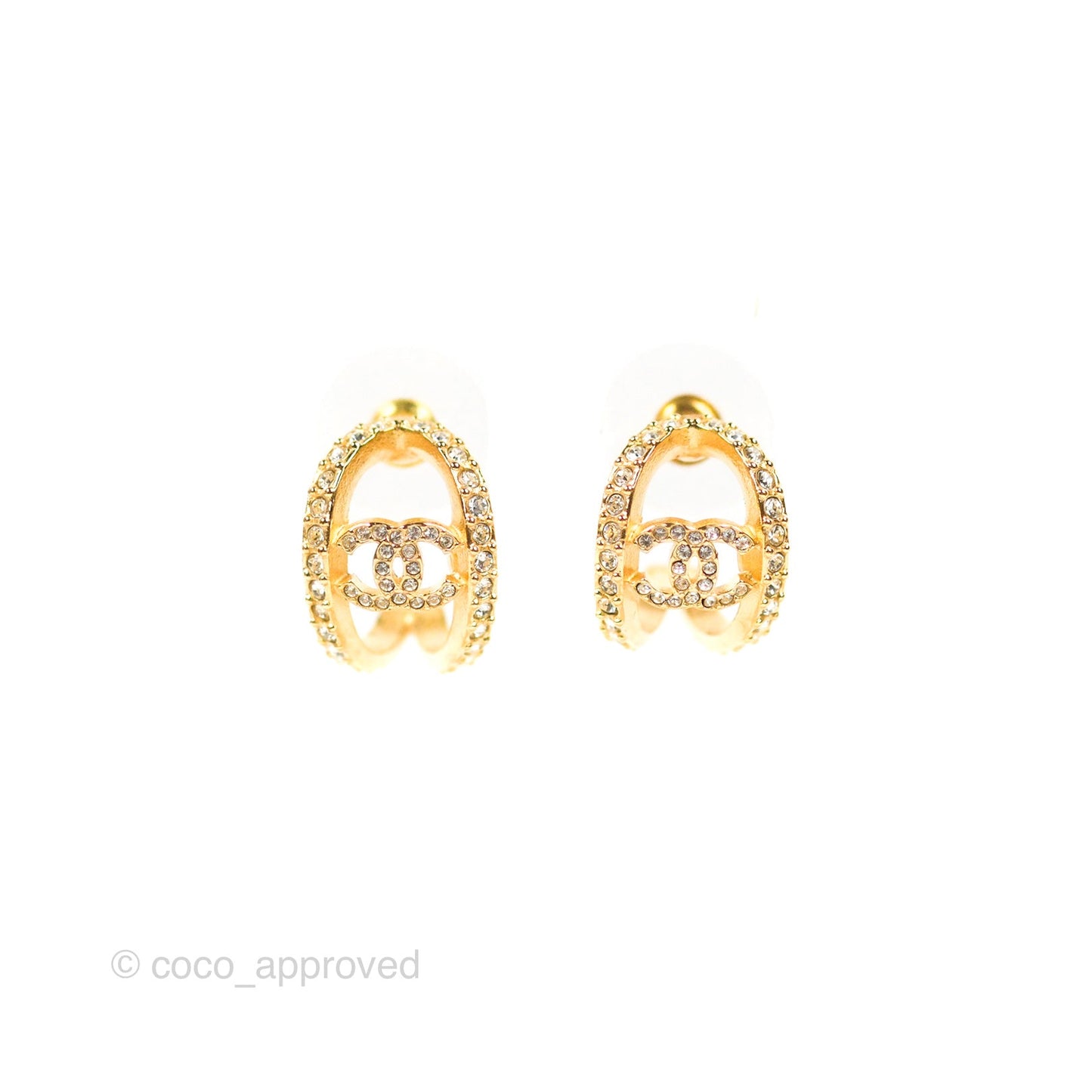 Chanel Hoop CC Crystal Earrings Gold Tone 22A