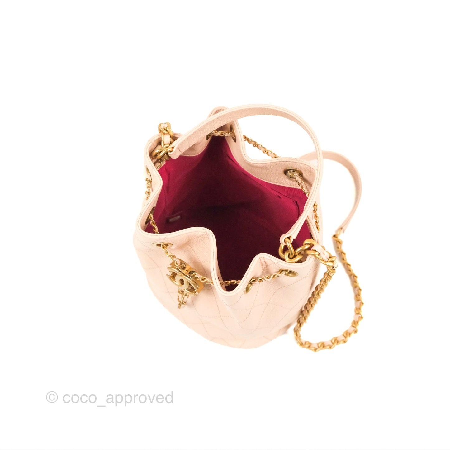 Chanel Quilted Top Handle Drawstring Bucket Bag Pink Caviar Aged Gold Hardware