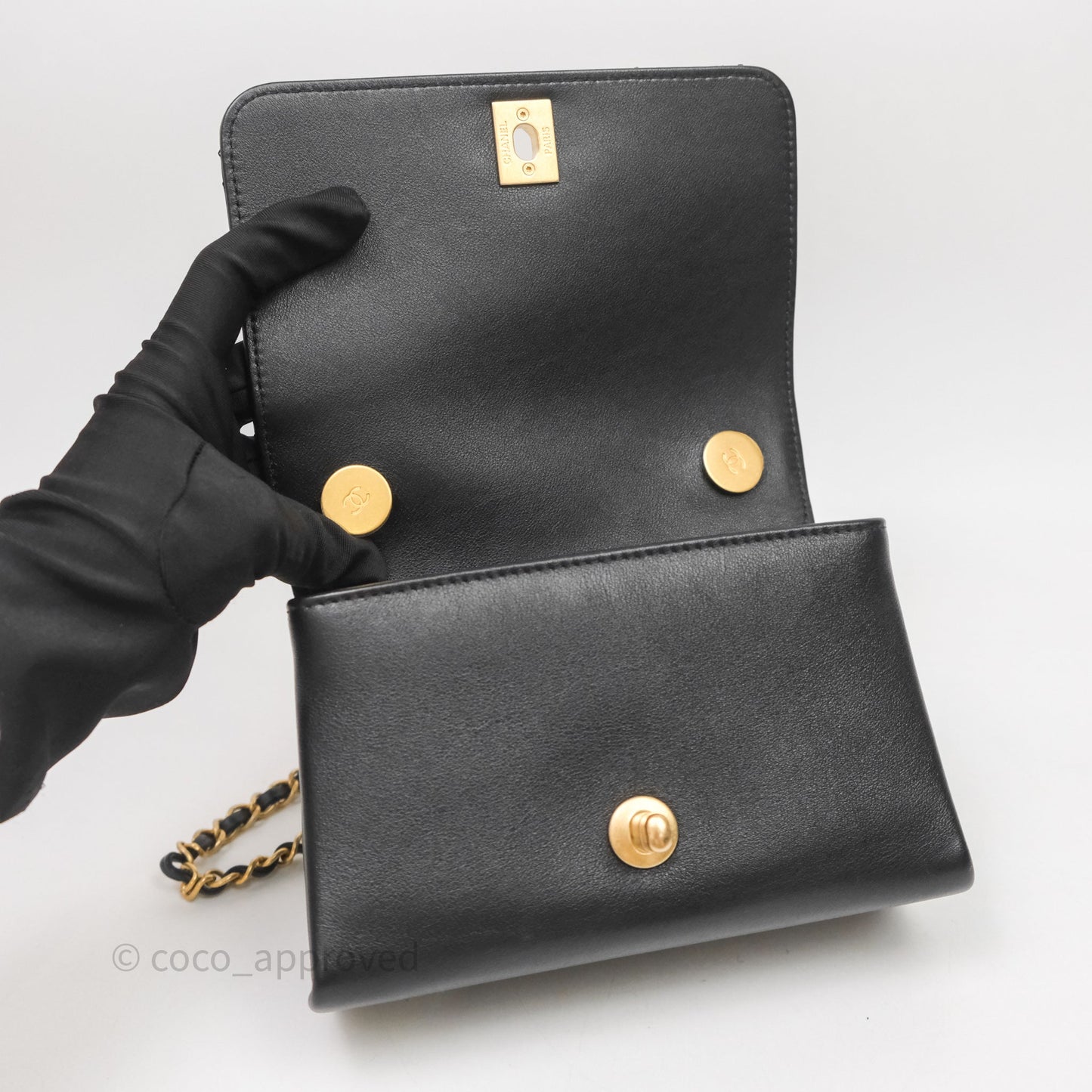 Chanel Pearl Chain Bag Black Calfskin Aged Gold Hardware