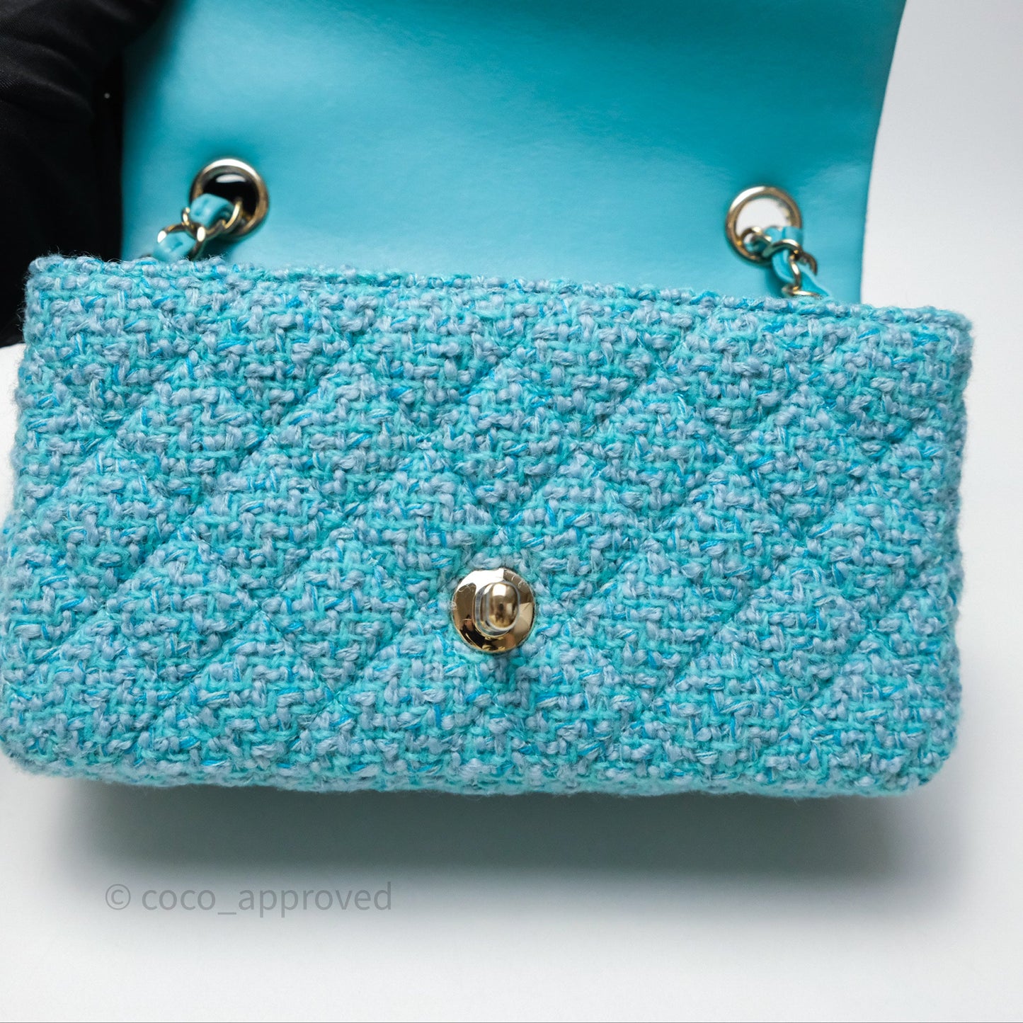 Chanel Quilted Mini Rectangular Flap Blue Tweed Gold Hardware