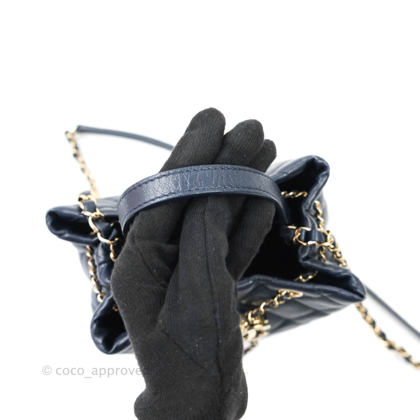 Chanel Caviar Quilted Rolled Up Bucket Drawstring Bag Navy Gold Hardware
