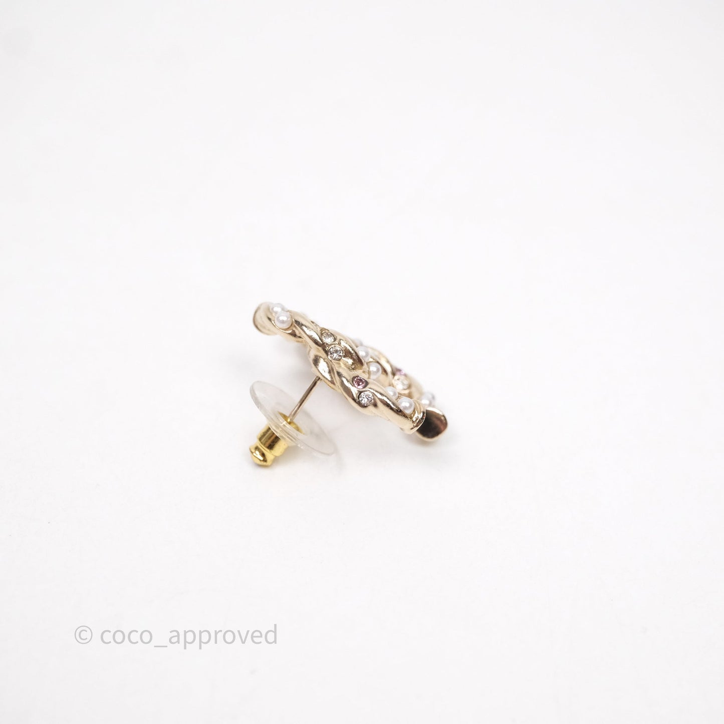 Chanel CC Pearl Crystals Earrings Gold Tone 23B