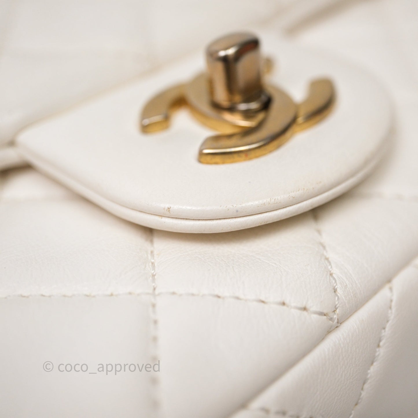 Chanel Mini Rectangular Pearl Crush Quilted White Lambskin Aged Gold Hardware