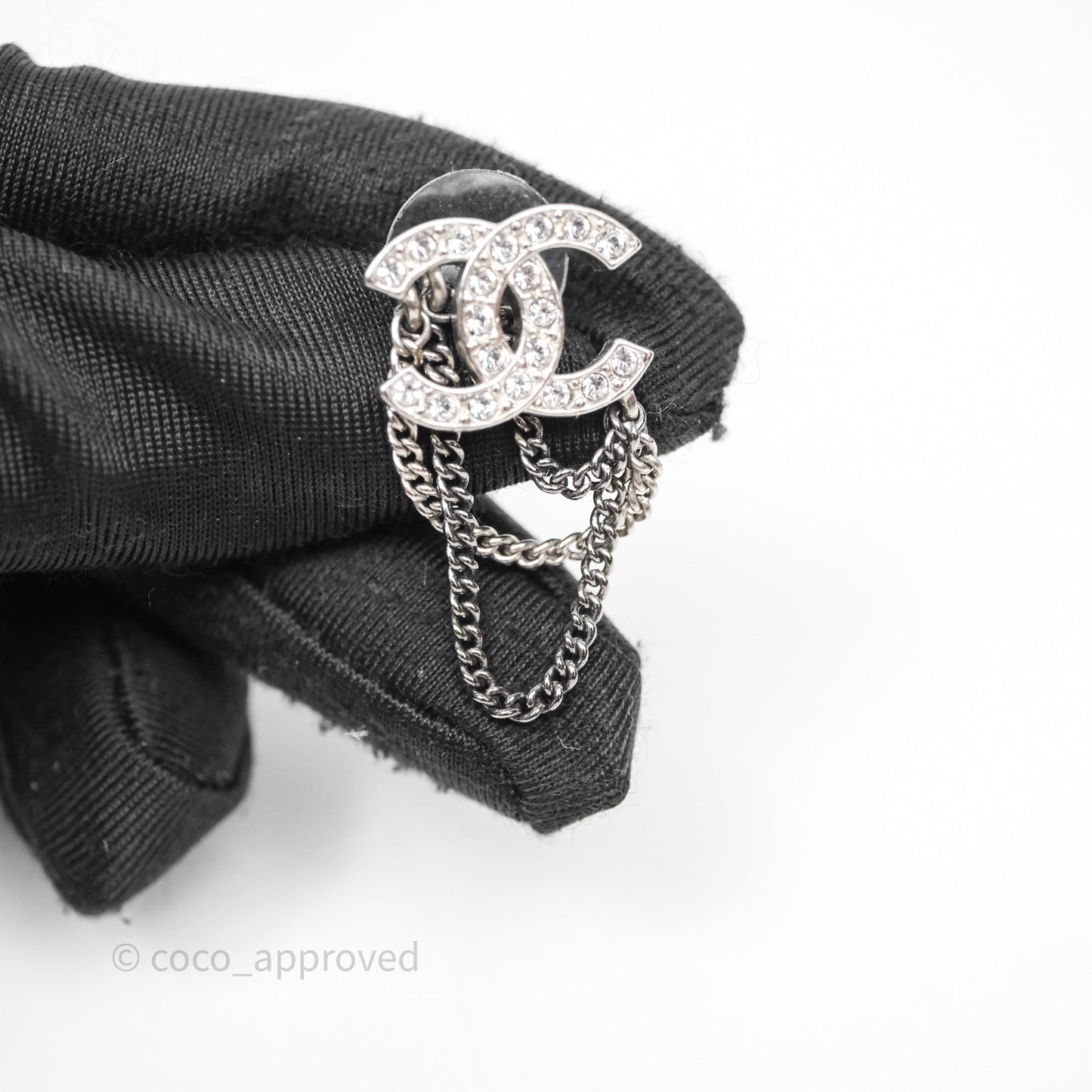 Chanel CC Crystals Chains Drop Earrings Silver Tone 21B
