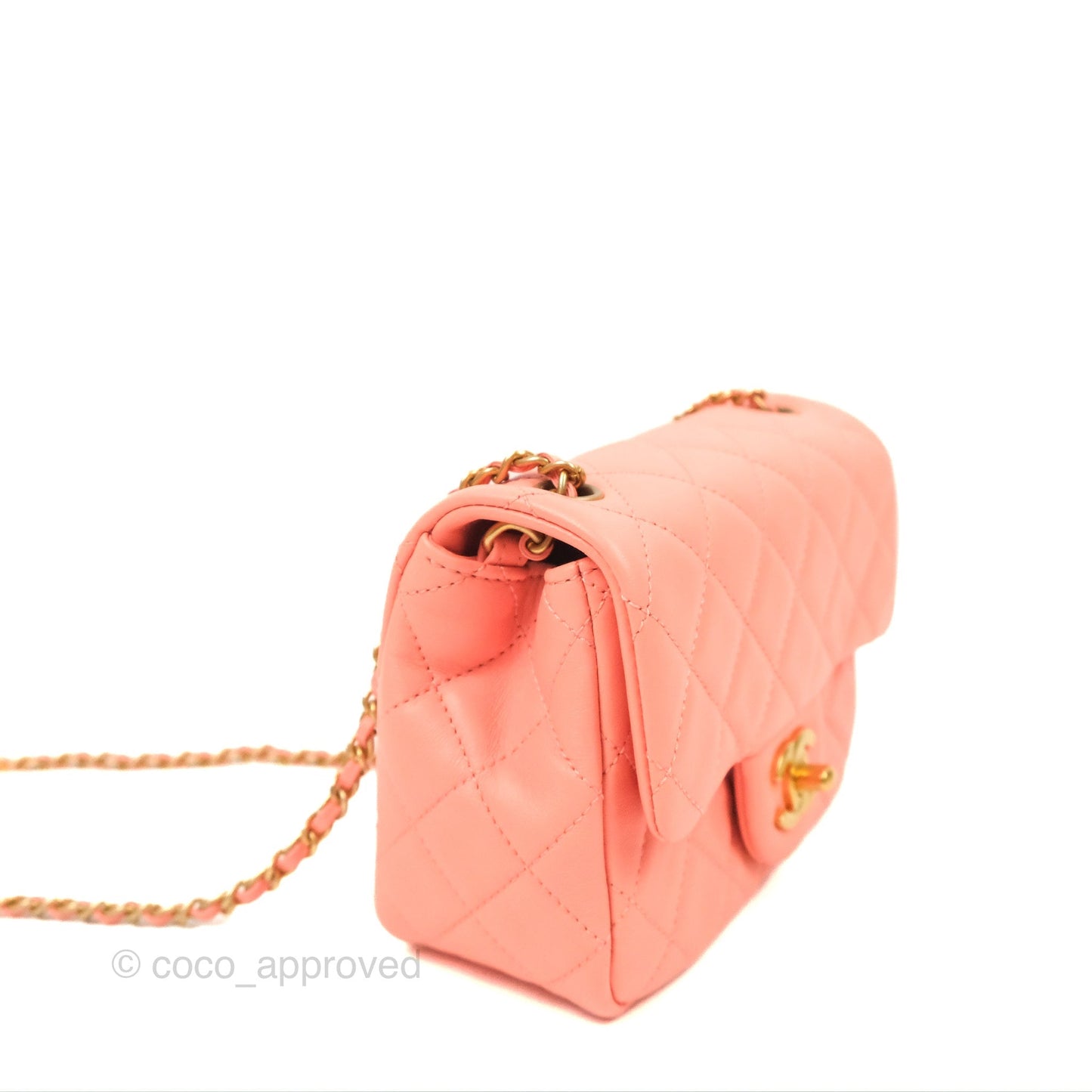 Chanel Pearl Crush Mini Square Quilted Pink Lambskin Aged Gold Hardware