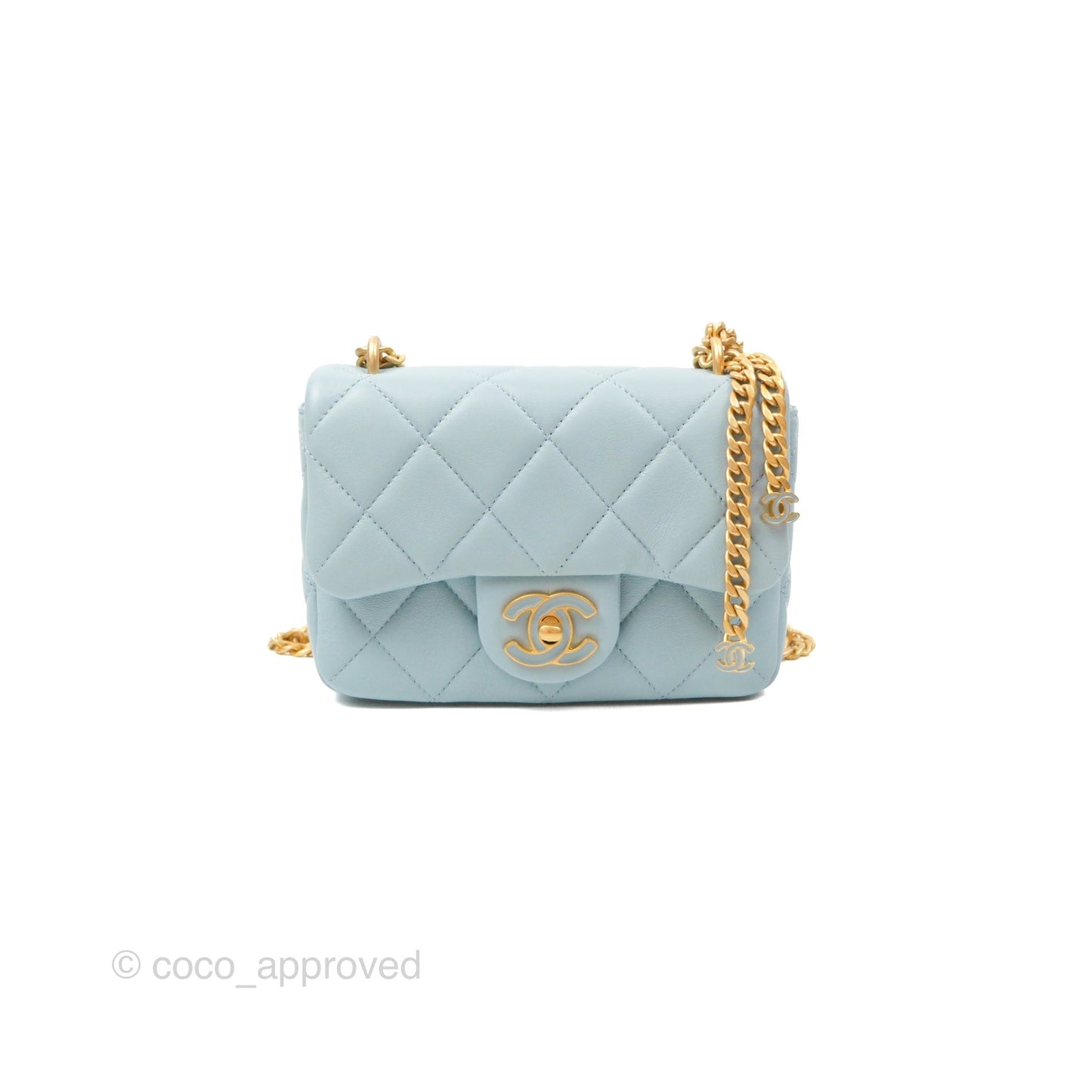 Chanel Quilted Enamel Pending CC Mini Square Flap Baby Blue Lambskin 22P
