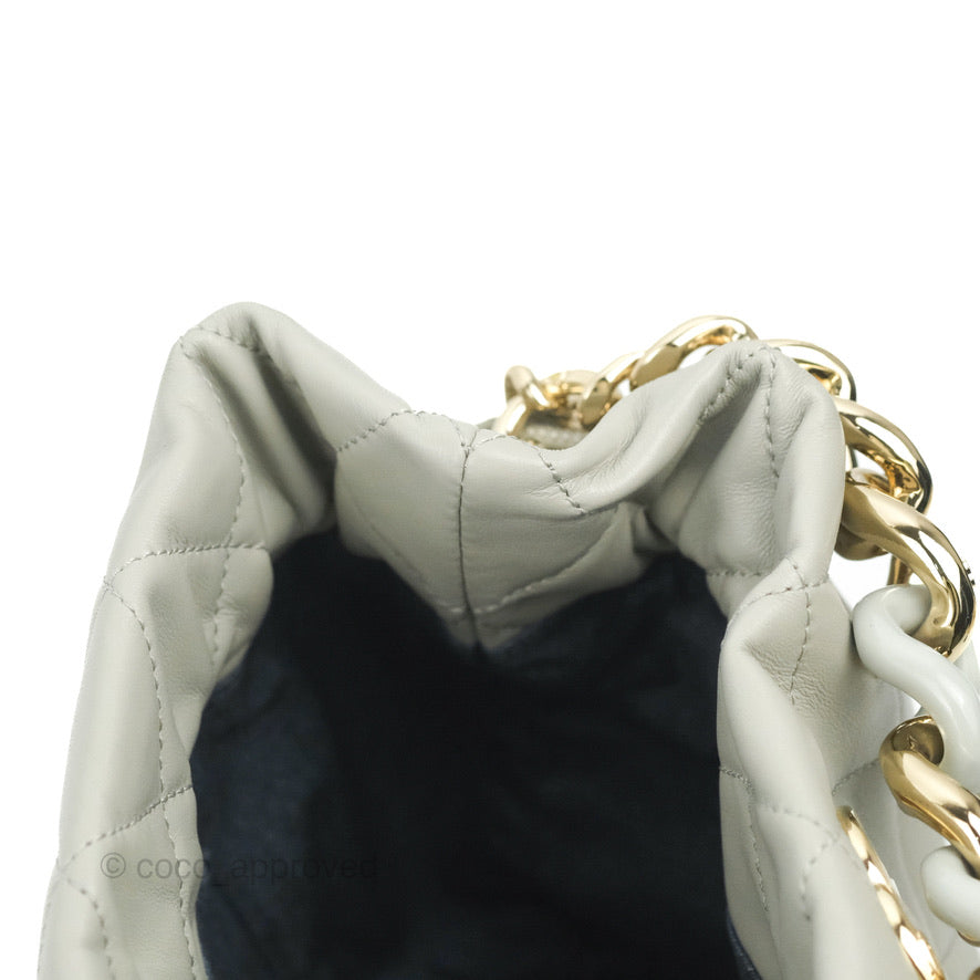 Chanel Quilted Drawstring Bucket Bag Grey Lambskin Gold Hardware 22C