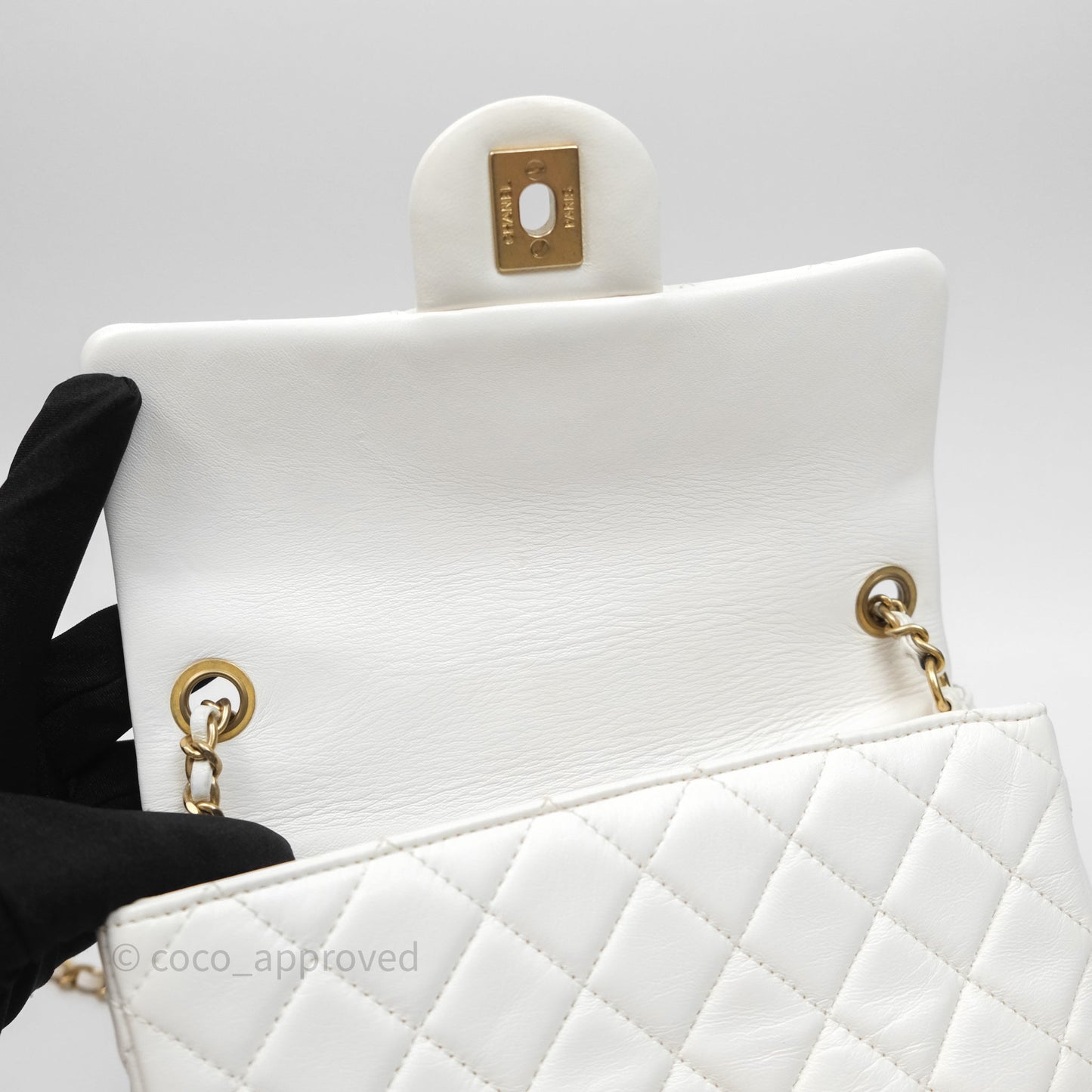 Chanel Mini Rectangular Pearl Crush Quilted White Lambskin Aged Gold Hardware