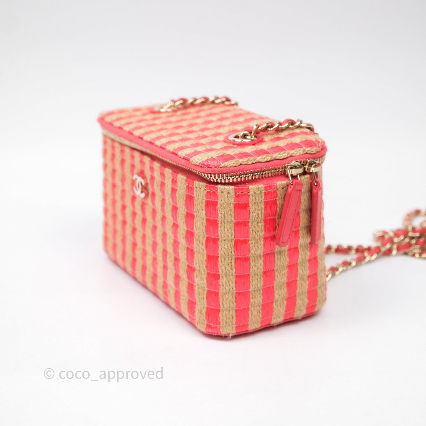 Chanel Vanity With Chain Striped Raffia Orange Gold Hardware