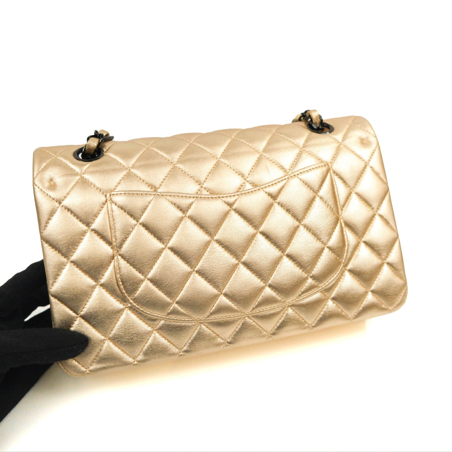 Chanel Classic M/L Medium Flap Quilted Metallic Gold Lambskin Gun Metal