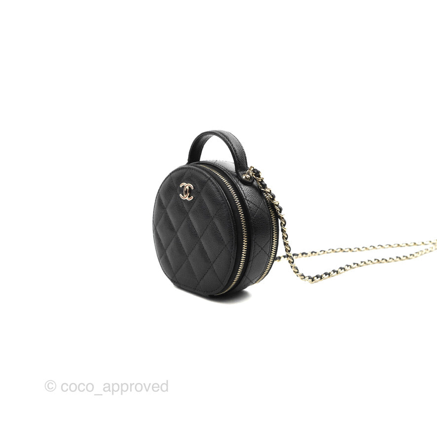 Chanel Mini Round Vanity Bag Handle With Care Black Caviar 22C