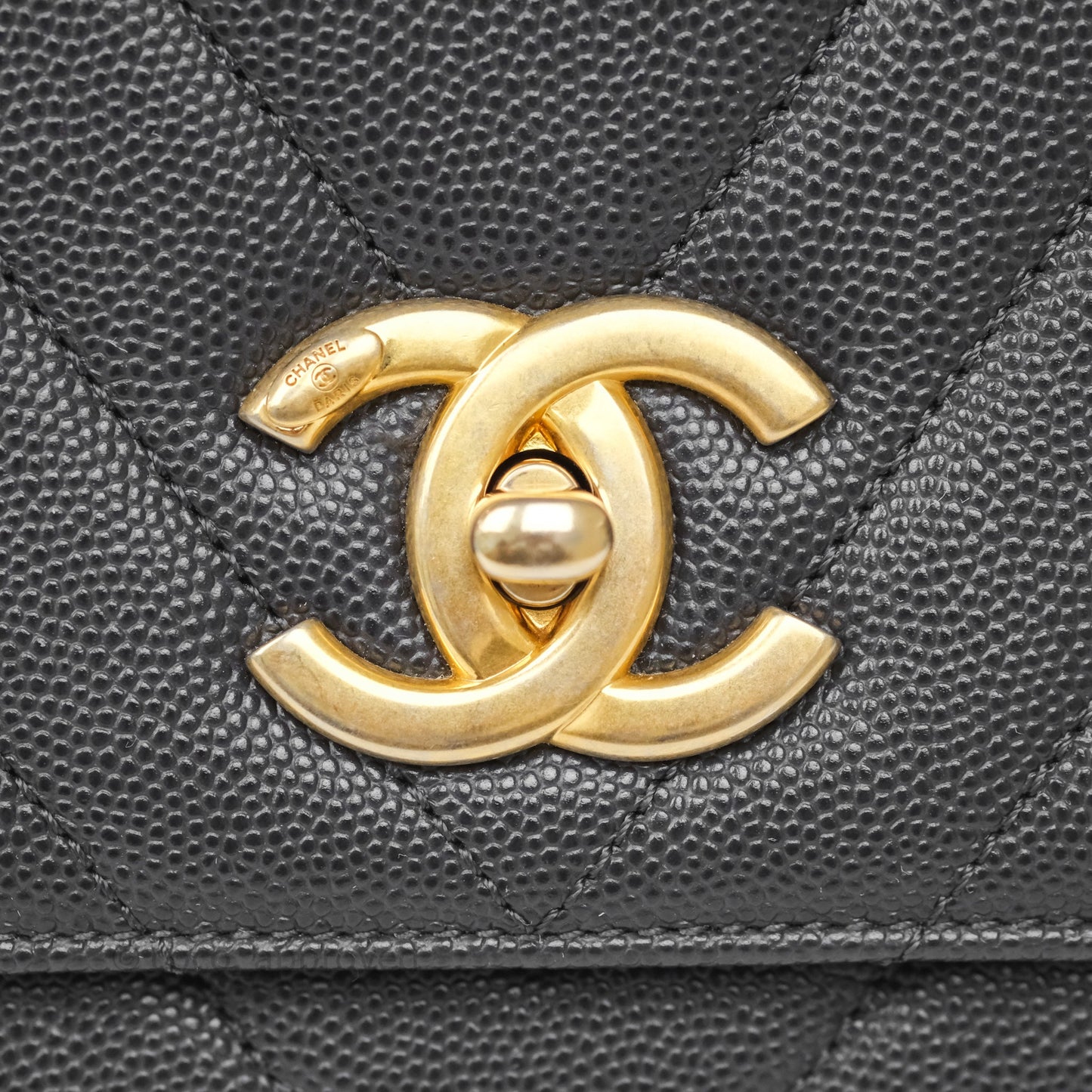 Chanel Medium Coco Handle Chevron Dark Grey Caviar Aged Gold Hardware