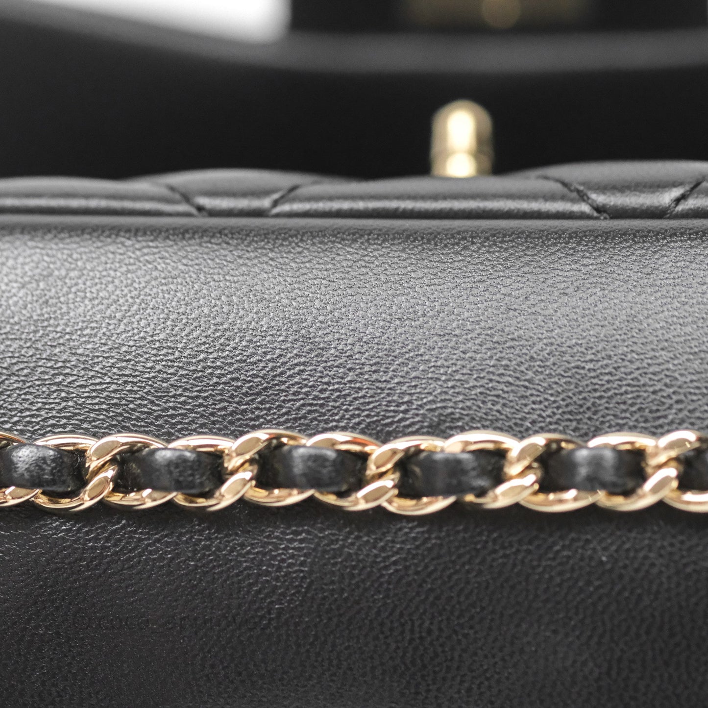 Chanel Logo Pearl Chain Flap Bag Black Lambskin Gold Hardware