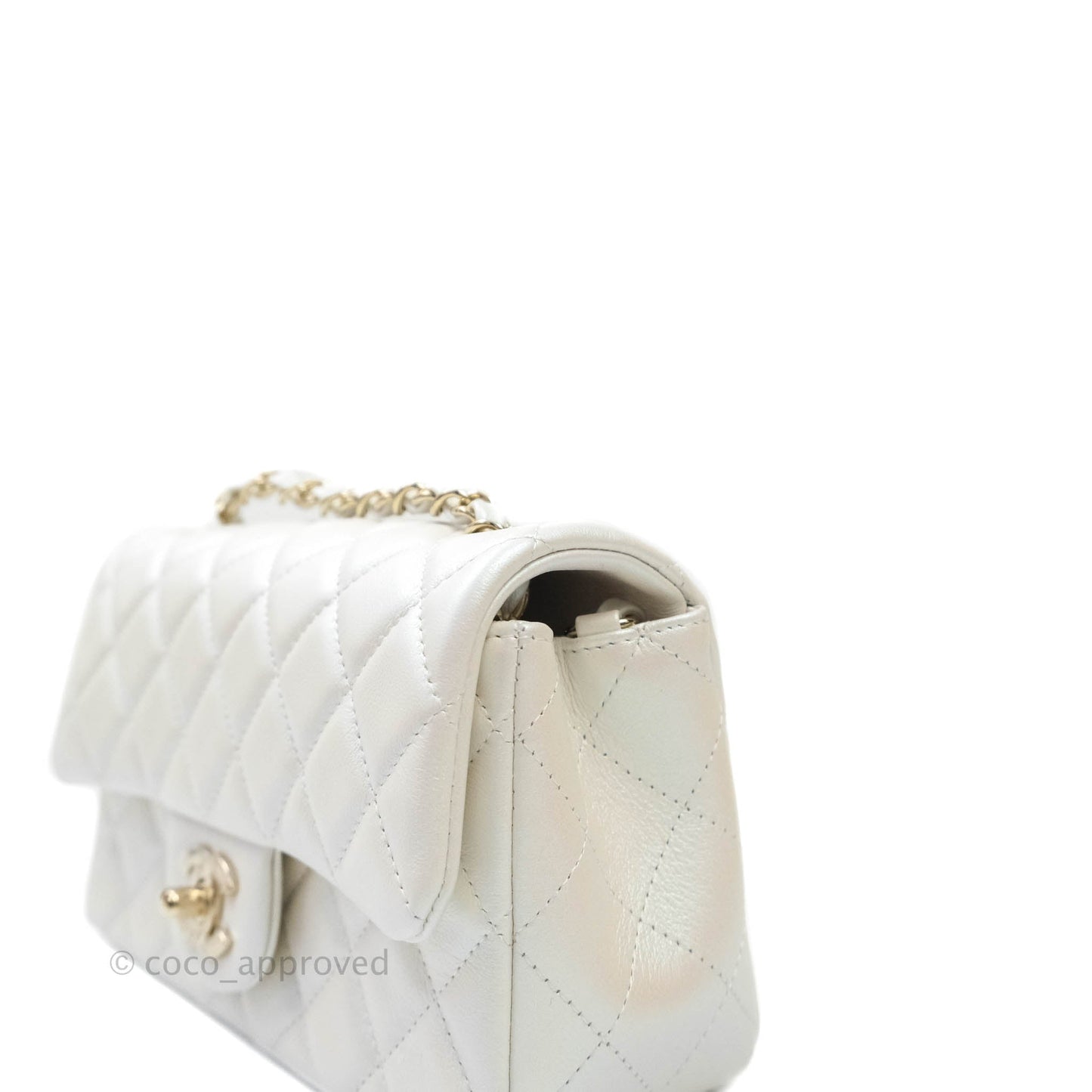 Chanel Quilted Mini Rectangular Iridescent White Lambskin Gold Hardware