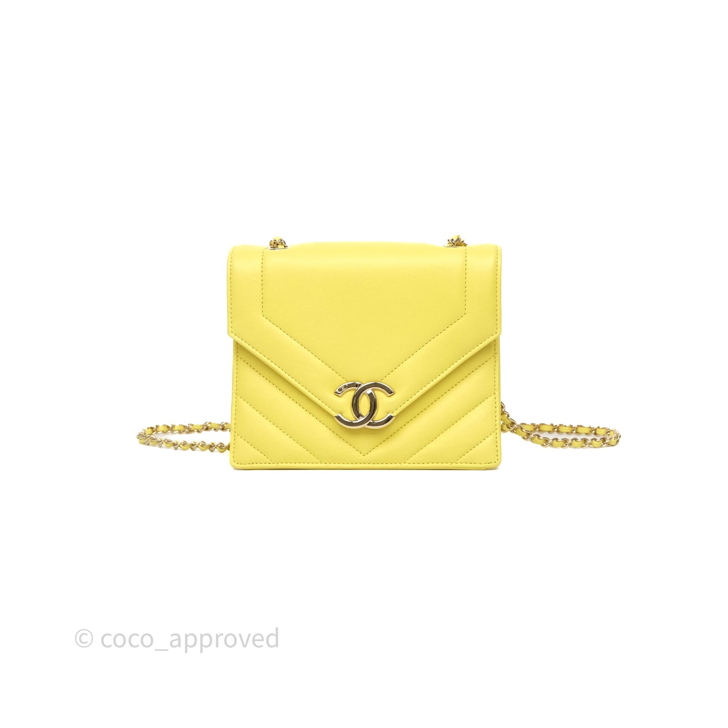 Chanel Chevron Square Envelope Flap Bag Yellow Calfskin Gold Hardware 19C