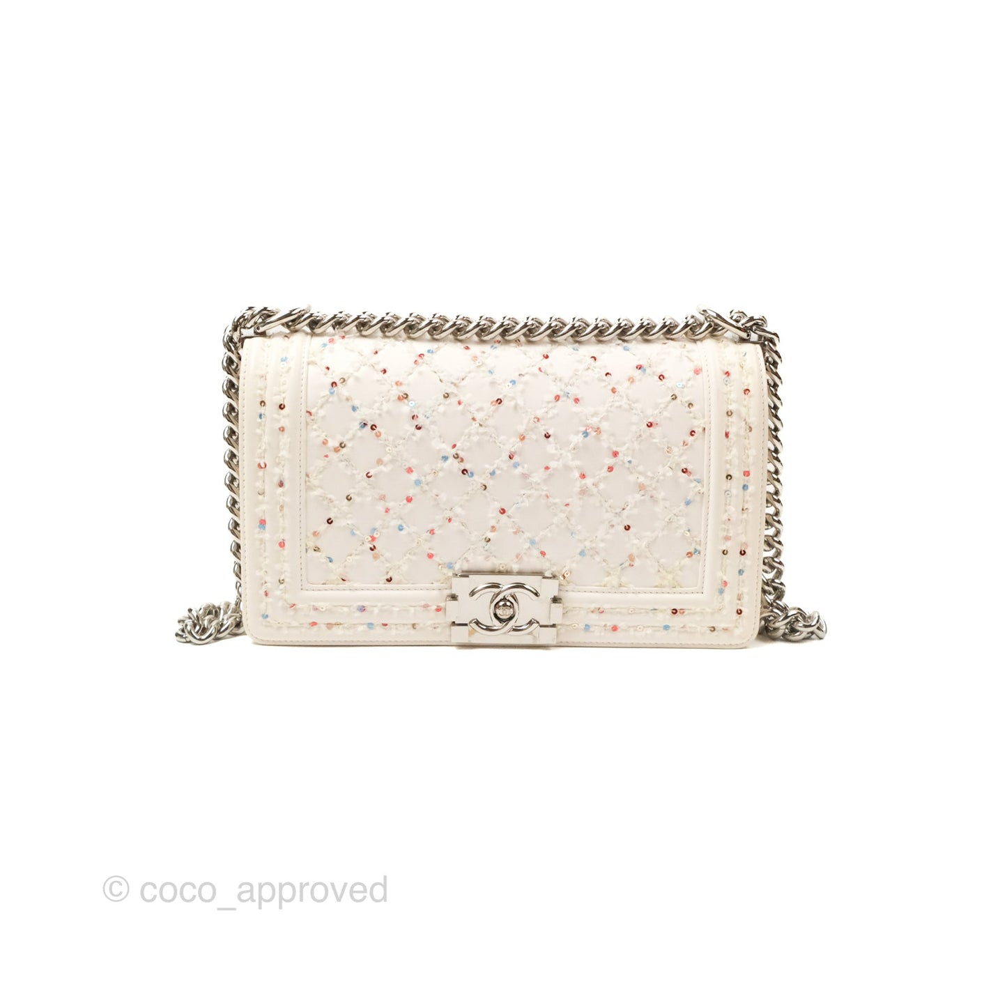 Chanel Medium Boy Sequins Quilted White Lambskin Silver Hardware