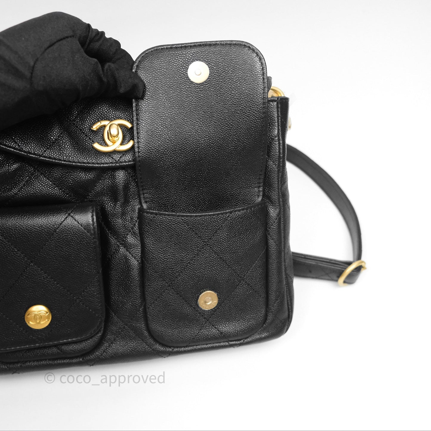 Chanel Double Pocket Hobo Bag Black Caviar Brushed Gold Hardware