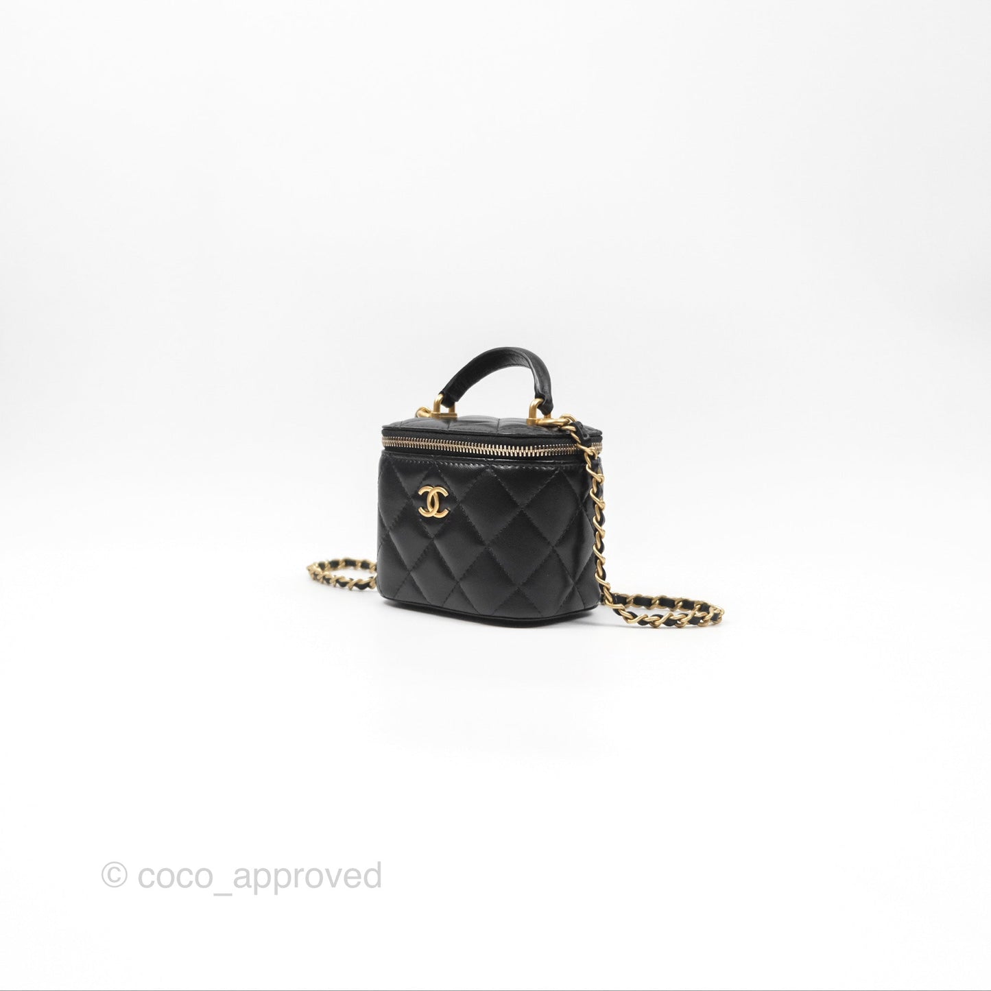 Chanel Mini Top Handle Vanity With Chain Black Lambskin Aged Gold Hardware