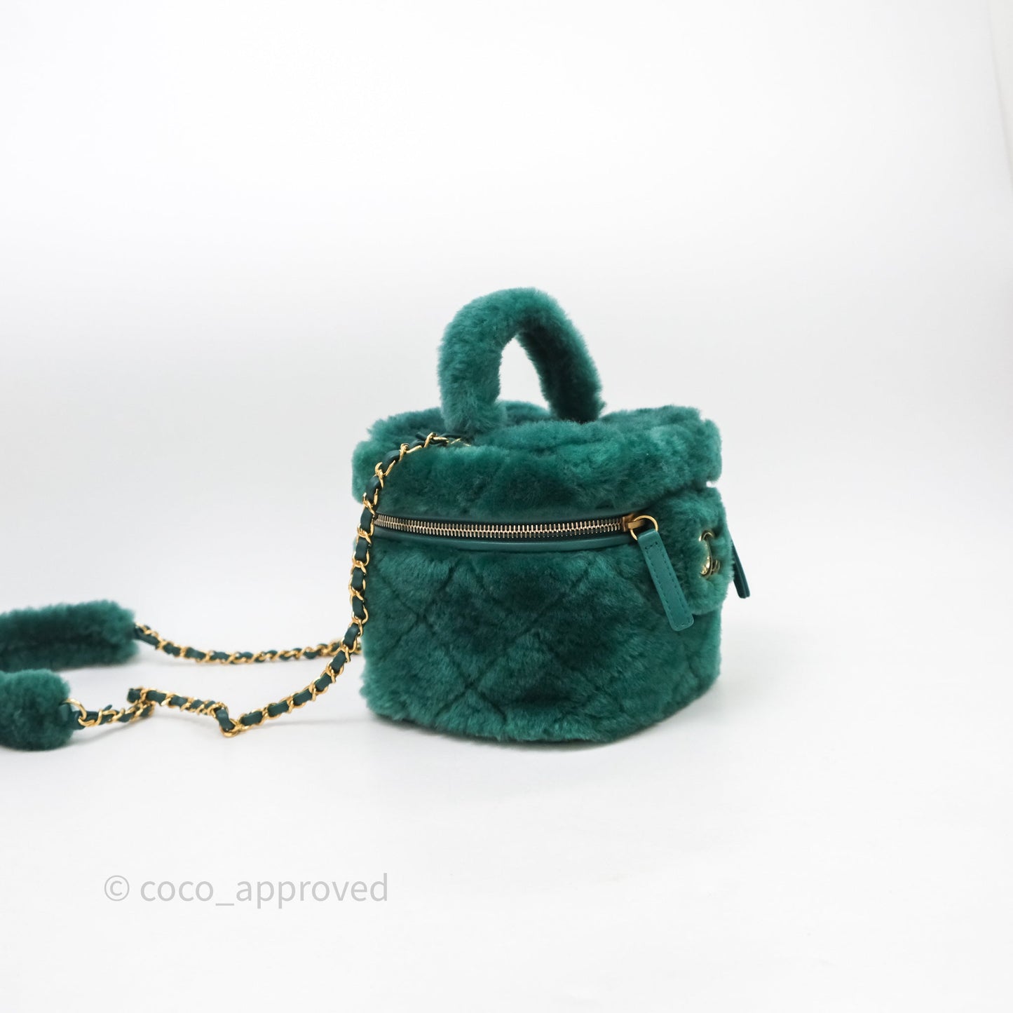 Chanel Small Vanity Case Green Shearling Aged Gold Hardware 22A