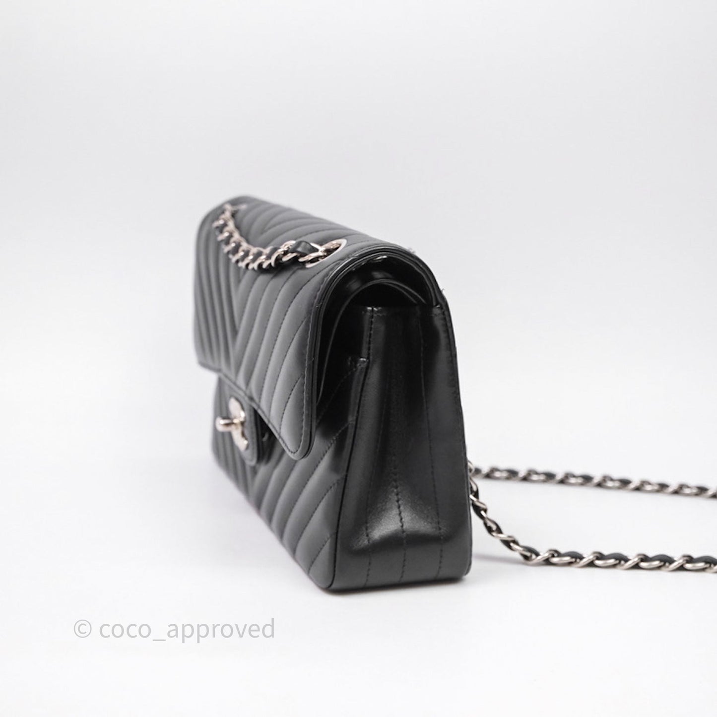 Chanel Small Classic Chevron Flap Black Lambskin Silver Hardware