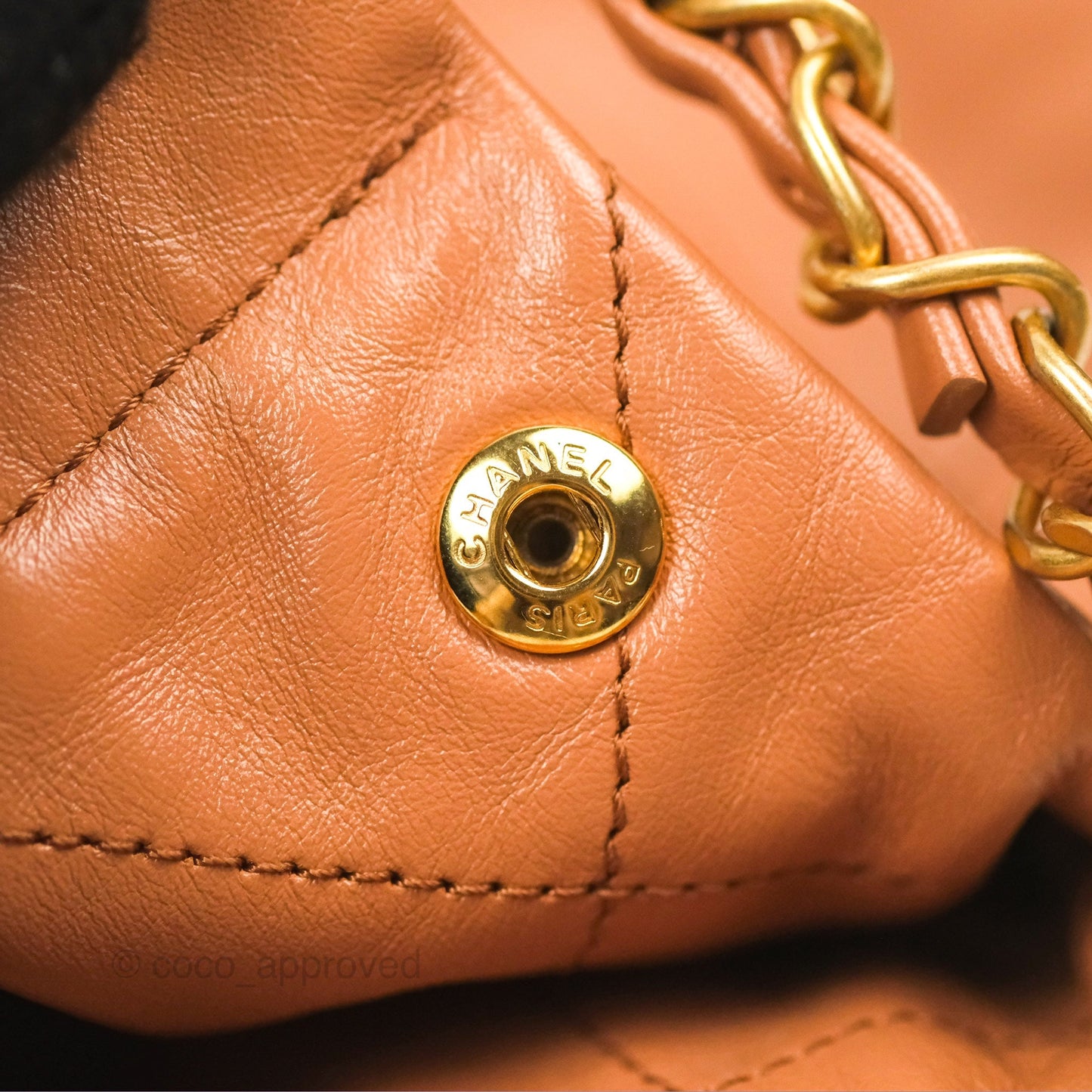 Chanel 22 Small Caramel Beige Shiny Calfskin Aged Gold Hardware
