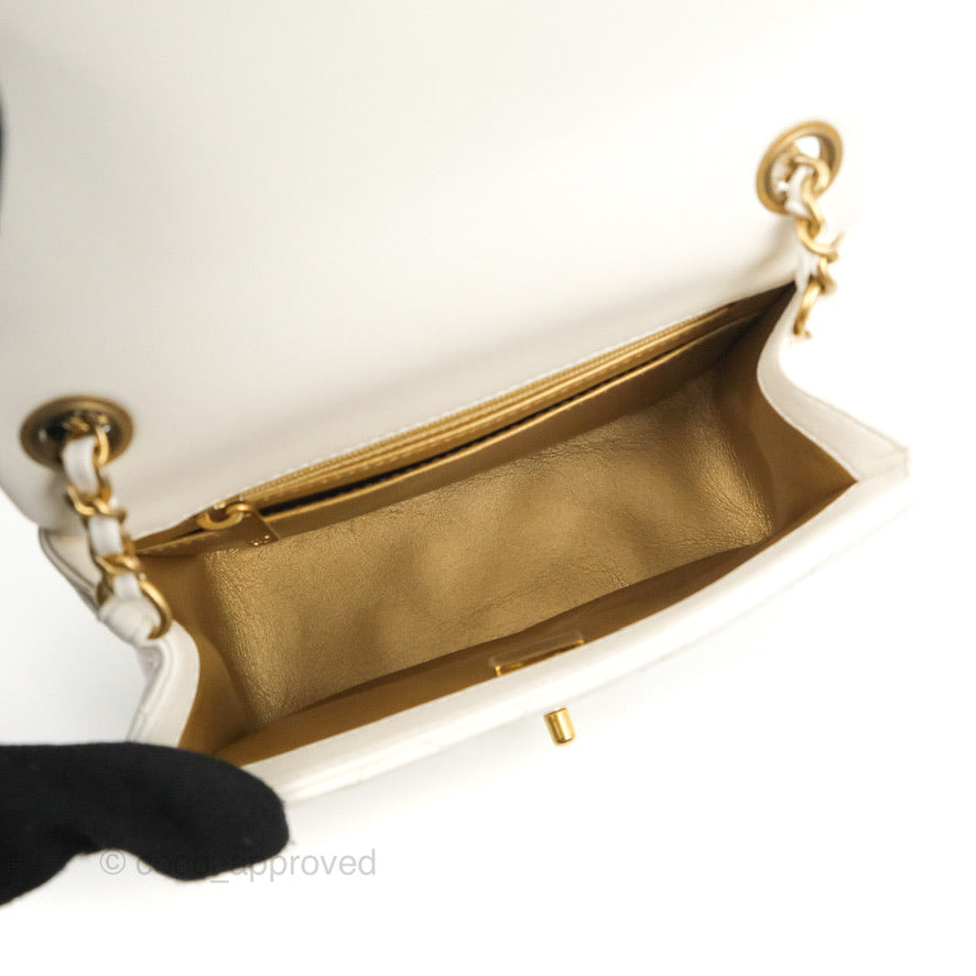 Chanel Mini Square Pearl Crush Quilted White Lambskin Aged Gold Hardware