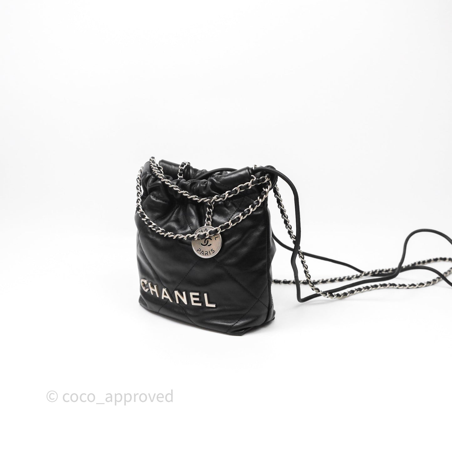 Chanel 22 Mini Bag Black Shiny Crumpled Calfskin Matte Silver Hardware