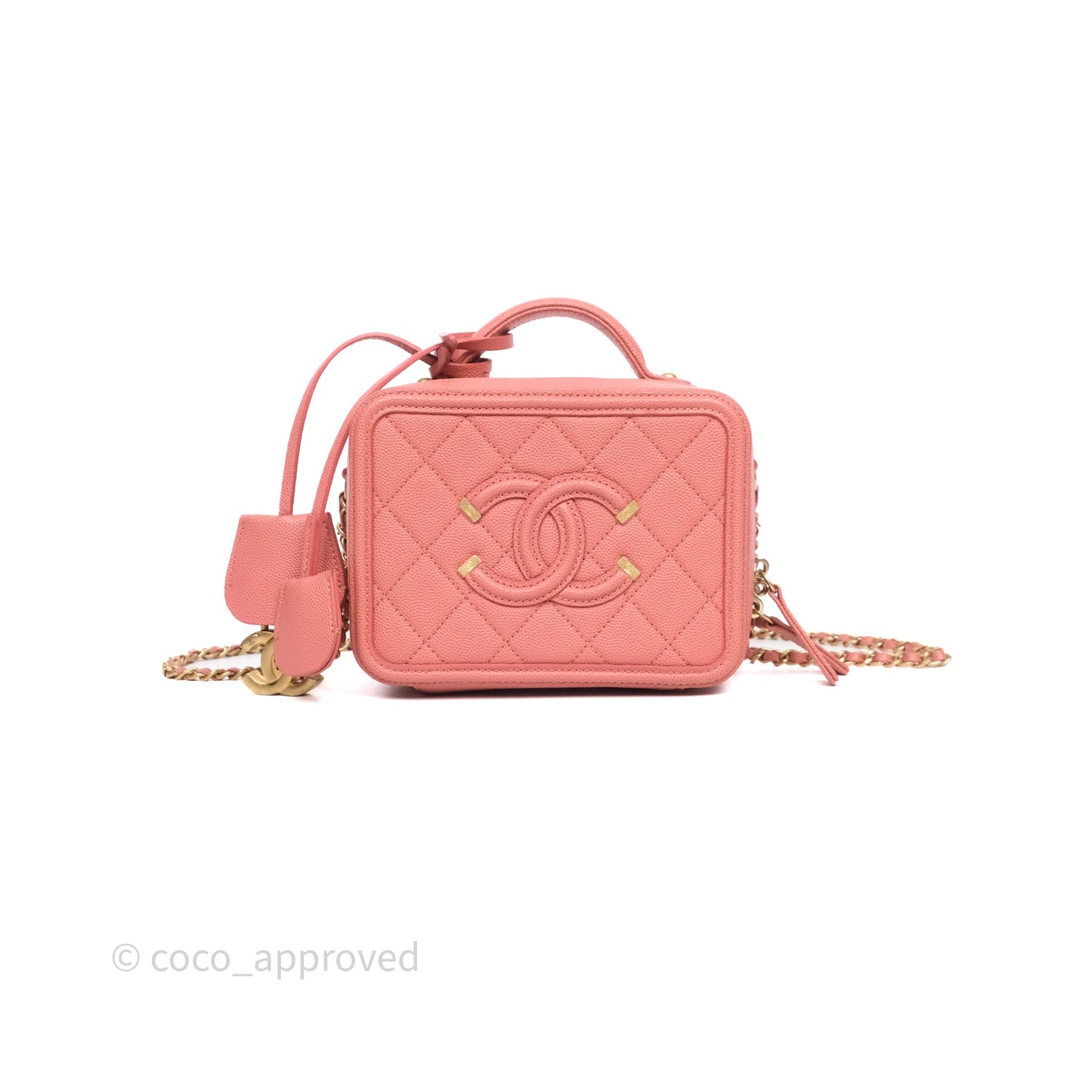 Chanel Quilted Small CC Filigree Vanity Case Pink Caviar Aged Gold Hardware