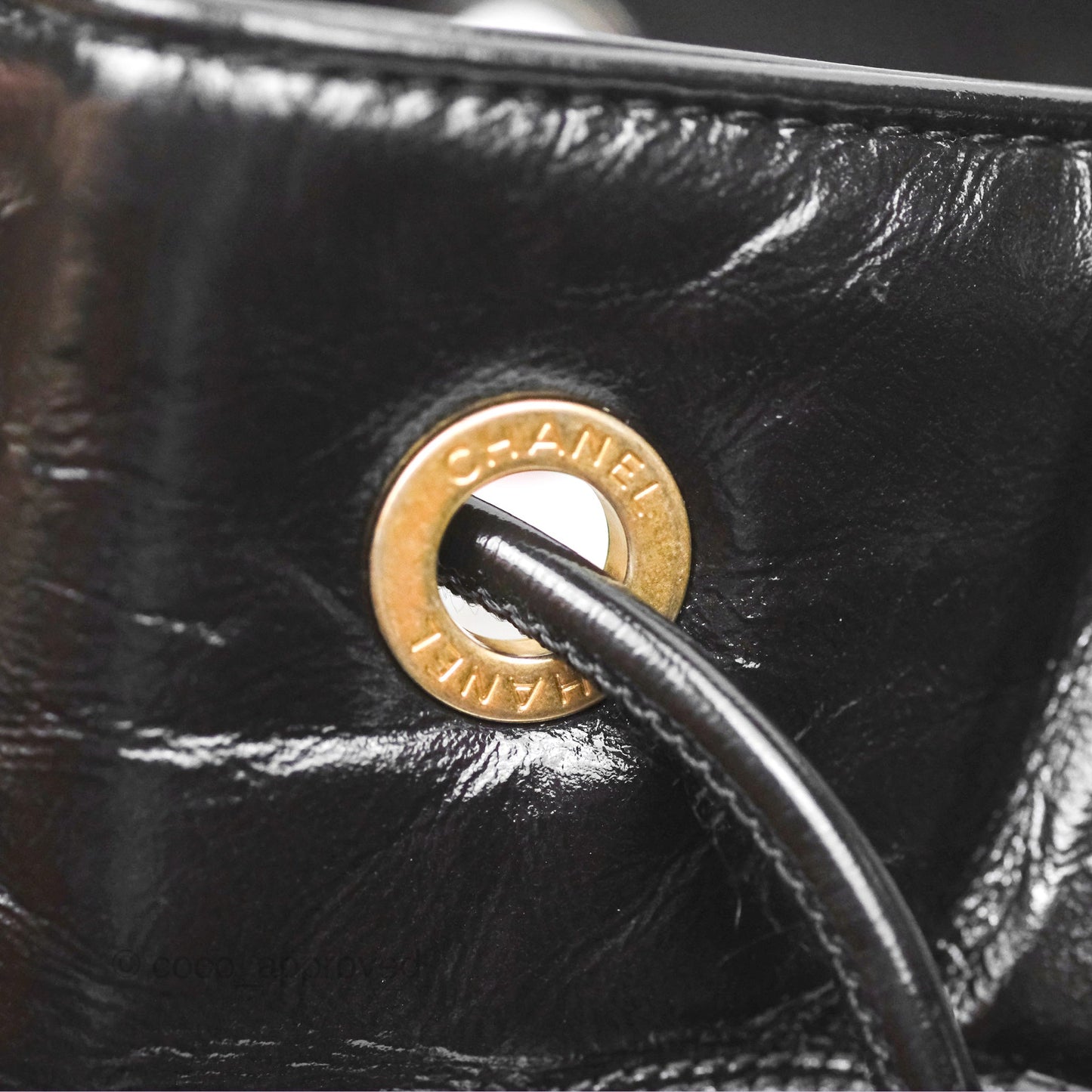 Chanel CC Drawstring Bucket Bag Black Shiny Aged Calfskin