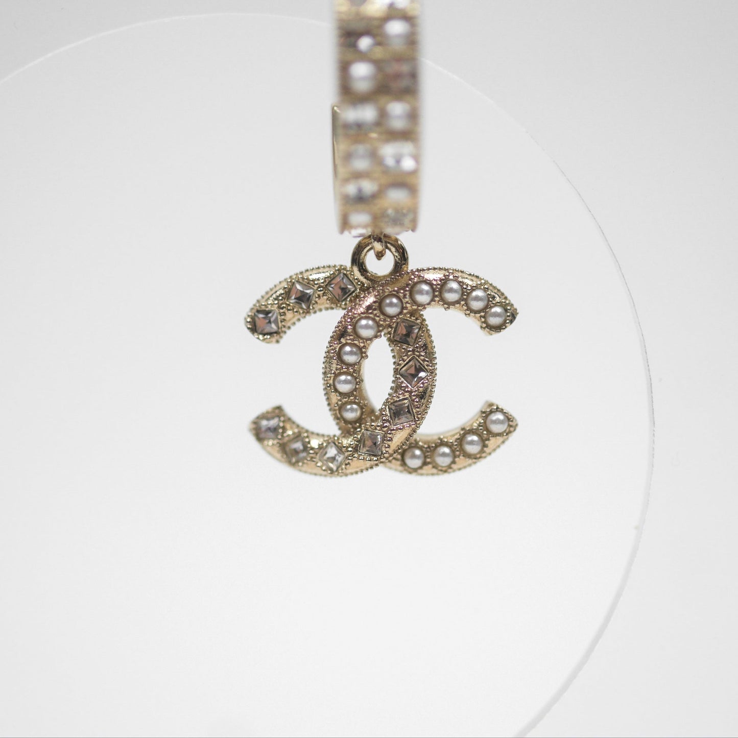 Chanel Crystal Pearl CC Hoop Earrings Gold Tone 21K