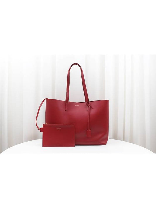 Luxury Saint Laurent Logo Soft Leather Pouch Shopper Bag Red 394195