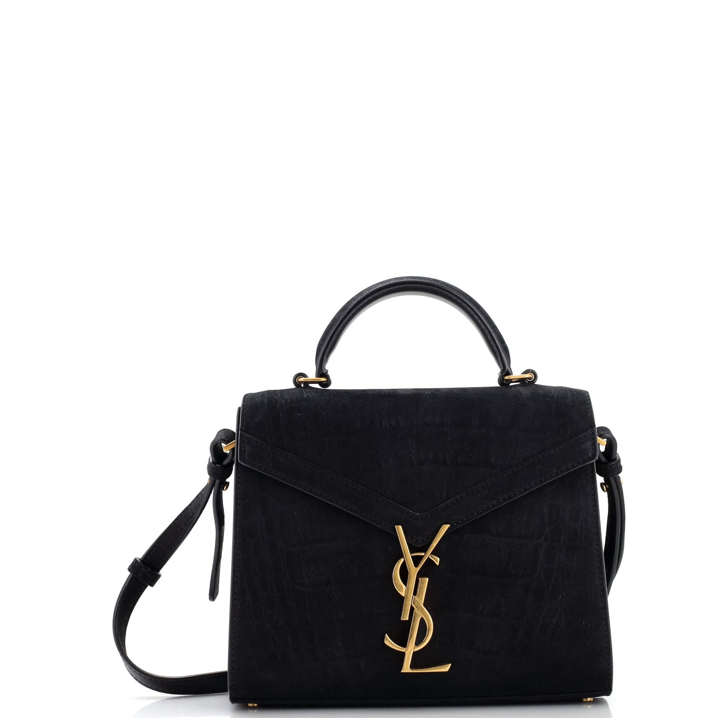 Luxury Saint Laurent Cassandra Top Handle Bag Crocodile Embossed Suede Mini