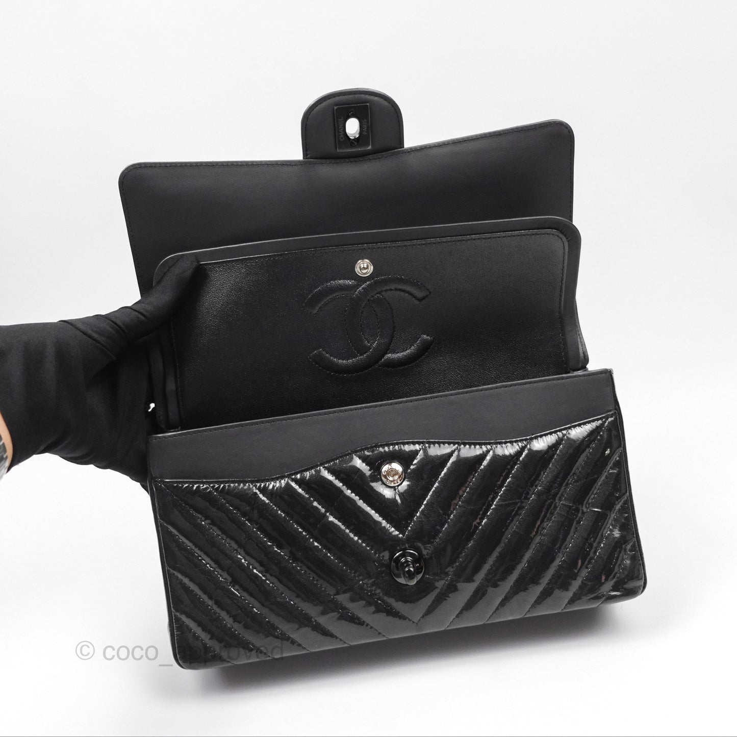 Chanel Classic Chevron M/L Medium Double Flap So Black Patent Calfskin
