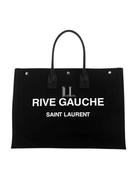 Luxury Saint Laurent Women's Rive Gauche Logo Print Canvas Shopping Tote Bag Black