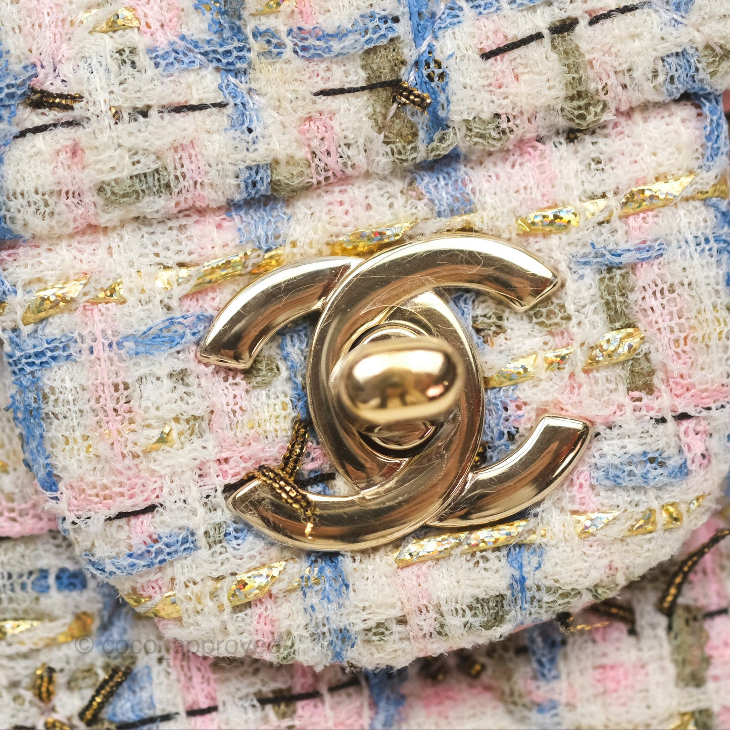 Chanel Mini Rectangular Flap Pink/ Blue/ Gold Tweed Gold Hardware