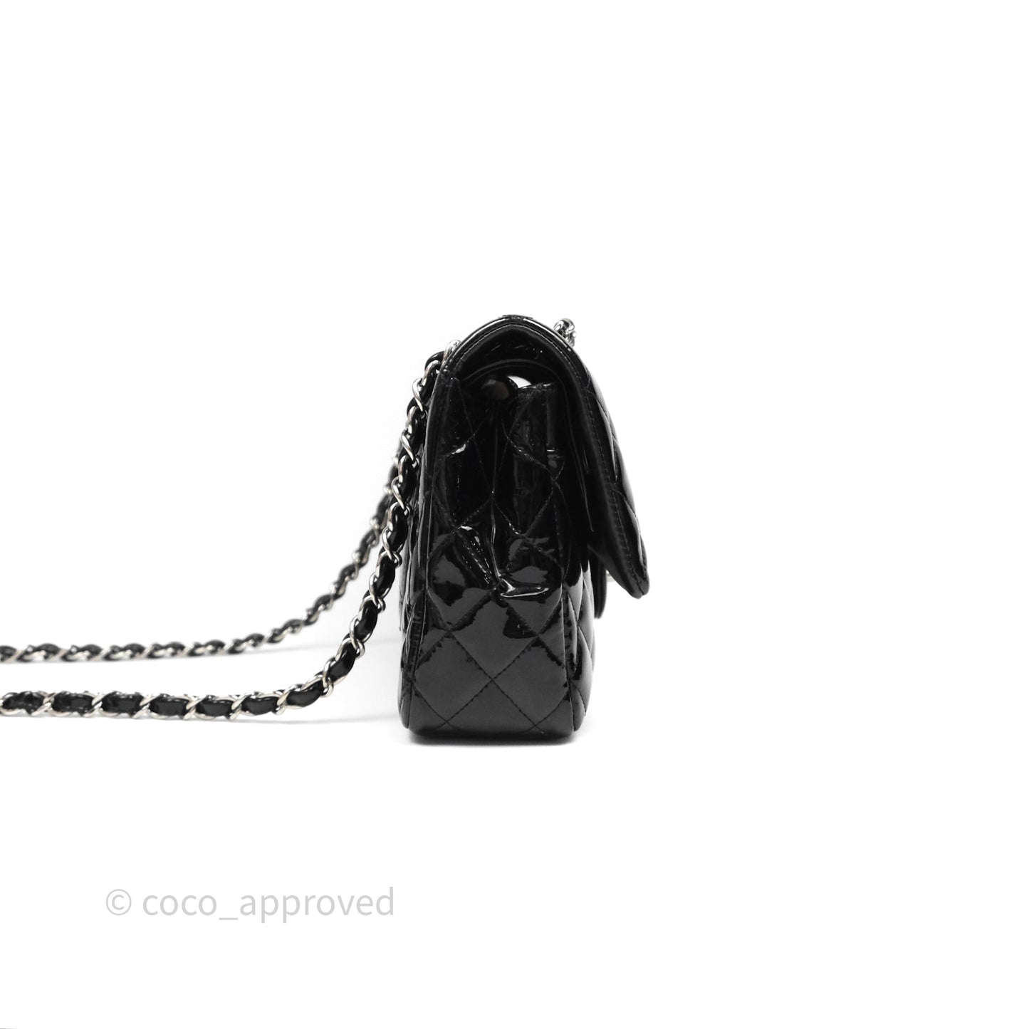 Chanel Classic M/L Medium Flap Quilted Black Patent Silver Hardware