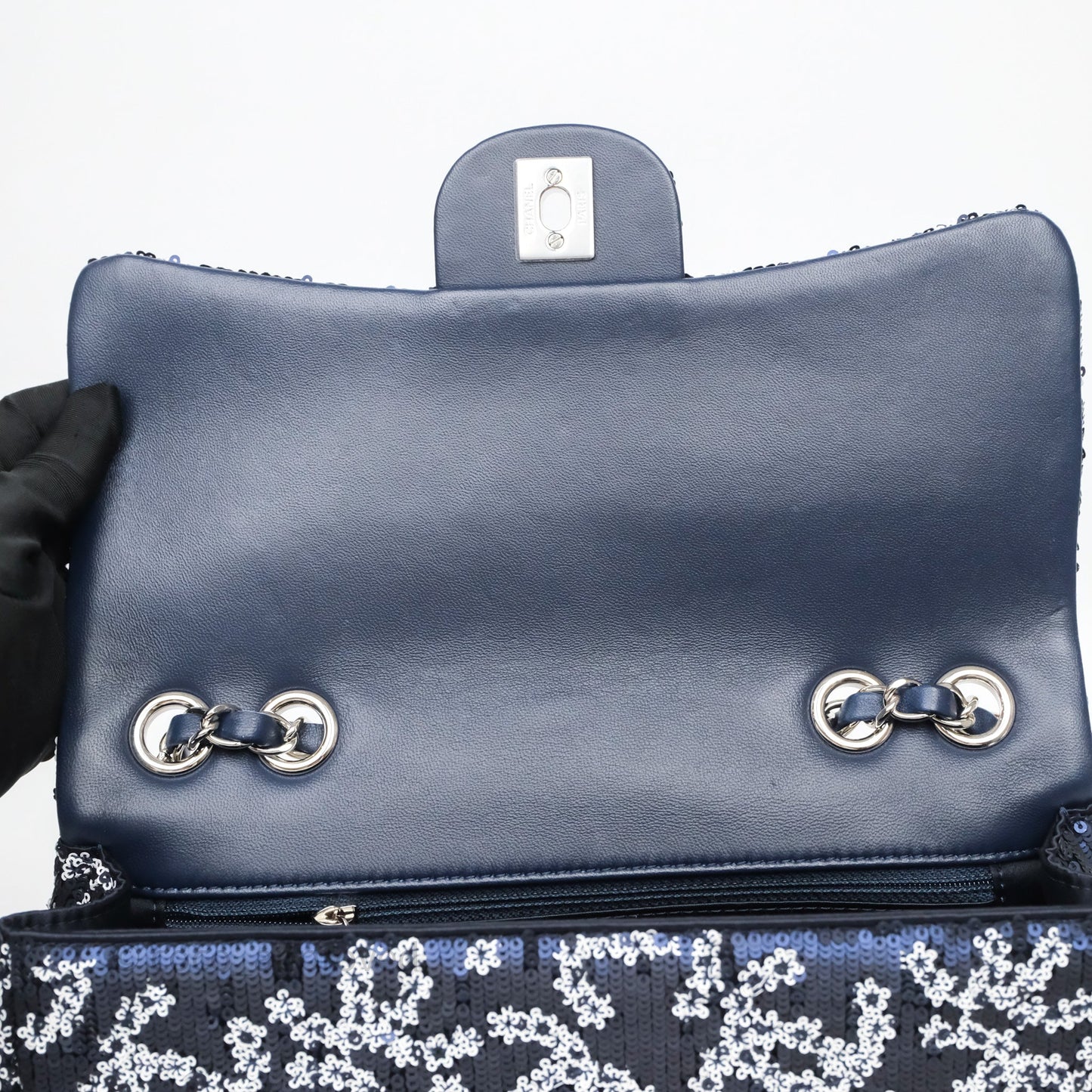 Chanel Medium CC Sequins Flap Bag White/ Navy Silver Hardware 19P