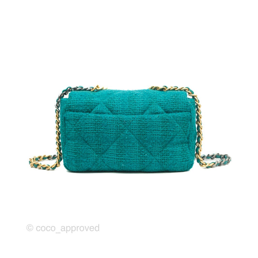 Chanel 19 Small Teal Green Tweed Mixed Hardware