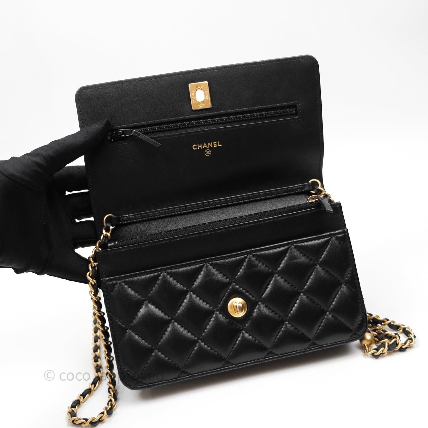 Chanel Quilted Pearl Crush Wallet on Chain WOC Black Lambskin Aged Gold Hardware